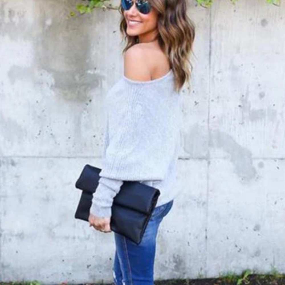 Gray Casual off shoulder women knit tops shirt long sleeve pullover casual